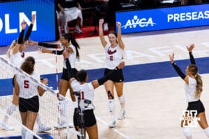 Nebraska Cornhuskers celebrate the win over the Stanford Cardinals in three sets during the AVAC First Serve volleyball match on Sunday, Aug. 24, 2025 in Lincoln, Nebraska. Photo by John S. Peterson.