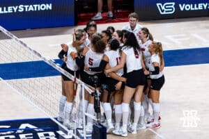 Nebraska Cornhuskers celebrate the win over the Stanford Cardinals in three sets during the AVAC First Serve volleyball match on Sunday, Aug. 24, 2025 in Lincoln, Nebraska. Photo by John S. Peterson.