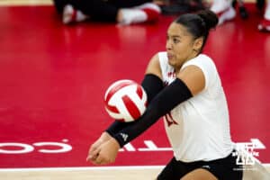 Nebraska Cornhusker Teraya Sigler (11) digs the ball against the Nebraska alumni in the third set during the Nebraska alumni match on Saturday, Aug. 16, 2025 in Lincoln, Nebraska. Photo by John S. Peterson.