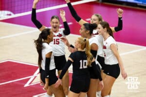 Nebraska Cornhuskers celebrates a point by Harper Murray in the fourth set against the Nebraska alumni during the Nebraska alumni match on Saturday, Aug. 16, 2025 in Lincoln, Nebraska. Photo by John S. Peterson.