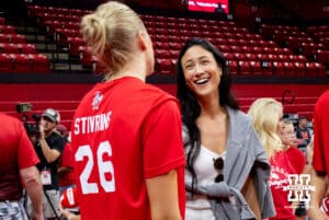 Nebraska alumnus Lauren Stivrins (26) talks with an old teammate Lexi Sun after the Nebraska alumni match on Saturday, Aug. 16, 2025 in Lincoln, Nebraska. Photo by John S. Peterson.