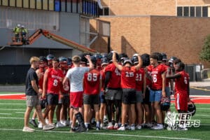 Westside football huddles during practice on Tuesday, August 12th, 2025 in Omaha Nebraska. Photo by Brandon Tiedemann.