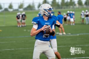 Cameron Leggett drops back during Millard North football practice on Saturday, August 16th, 2025 in Omaha, Nebraska. Photo by Brandon Tiedemann.