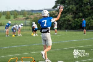Cameron Leggett throws to his teammate during Millard North football practice on Saturday, August 16th, 2025 in Omaha, Nebraska. Photo by Brandon Tiedemann.
