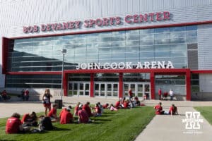 Nebraska Cornhusker students line up to get into the John Cook Arena to watch the Huskers take on the Wright State Raiders during a college volleyball match on Friday, September 5, 2025, in Lincoln, NE. Photo by John S. Peterson.