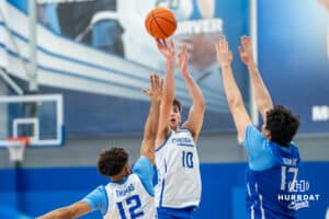 Creighton Bluejay Hudson Greer (#10) shoots a contested jumper during basketball practice on Wednesday, September 24th, 2025 in Omaha, Nebraska. Photo by Brandon Tiedemann.