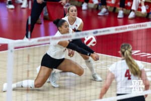 Nebraska Cornhusker Teraya Sigler (11) digs the ball against the Grand Canyon Lopes in the first set during a college volleyball match on Saturday, September 13, 2025, in Lincoln, Nebraska. Photo by John S. Peterson.