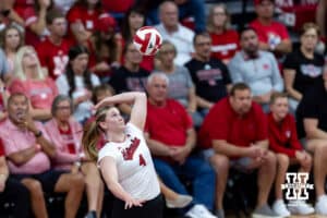 Nebraska Cornhusker Campbell Flynn (4) serves the ball against the Grand Canyon Lopes in the first set during a college volleyball match on Saturday, September 13, 2025, in Lincoln, Nebraska. Photo by John S. Peterson.