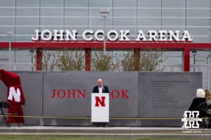 Nebraska Director of Athletics Troy Dannen speaks during the John Cook Statue dedication on Thursday, September 18, 2025, in Lincoln, Nebraska. Photo by John S. Peterson.