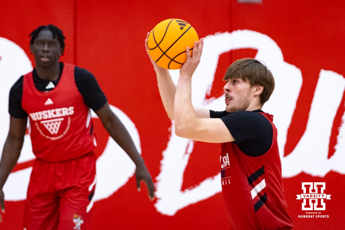 Nebraska Cornhusker Braden Frager (5) takes a shot during basketball practice on Tuesday, September 23, 2025, in Lincoln, Nebraska. Photo by John S. Peterson.
