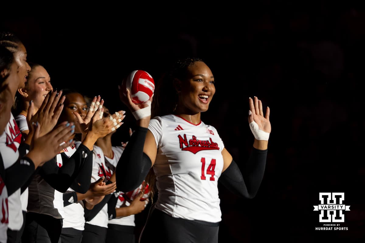 Nebraska Cornhusker Manaia Ogbechie (14) waves to the fans during introduction before taking on Wright State Raiders during a college volleyball match on Friday, September 5, 2025 in Lincoln, NE. Photo by John S. Peterson.