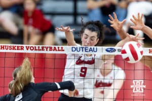 Nebraska Cornhusker Virginia Adriano (9) blocks the ball against Grand Canyon Lope Sophia Parlanti (2) in the first set during a college volleyball match on Saturday, September 13, 2025, in Lincoln, Nebraska. Photo by John S. Peterson.