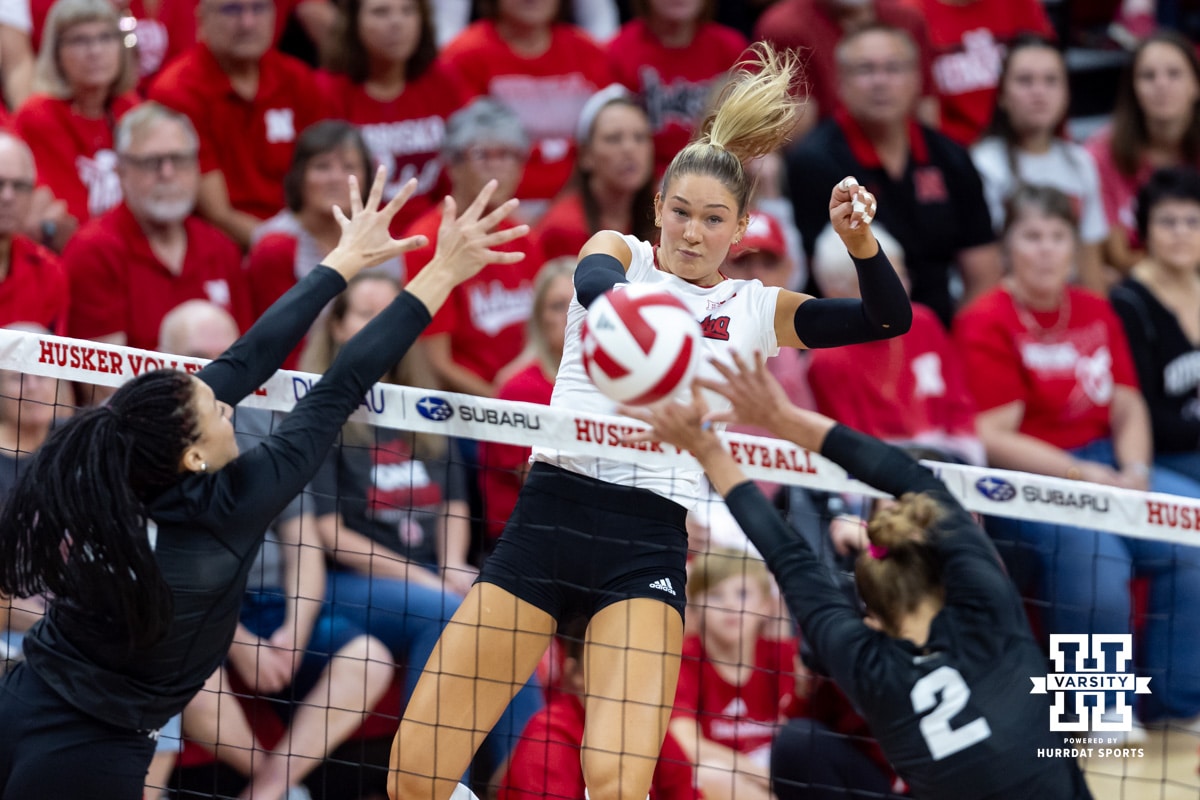Nebraska Cornhusker Andi Jackson (15) spikes the ball against Wright State Raider Reilly Zegunis (2) in the first set during a college volleyball match on Friday, September 5, 2025 in Lincoln, NE. Photo by John S. Peterson.