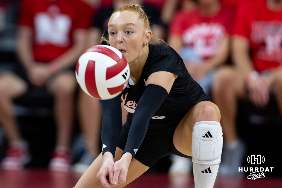 Nebraska Cornhusker Olivia Mauch (10) passes the ball against the Grand Canyon Lopes in the second set during a college volleyball match on Saturday, September 13, 2025, in Lincoln, Nebraska. Photo by John S. Peterson.