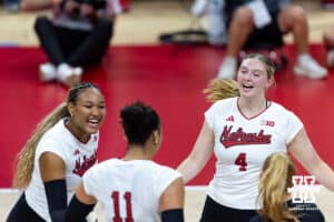 Nebraska Cornhusker Campbell Flynn (4) celebrating a kill against the Grand Canyon Lopes in the first set during a college volleyball match on Saturday, September 13, 2025, in Lincoln, Nebraska. Photo by John S. Peterson.