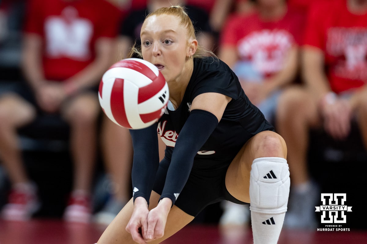Nebraska Cornhusker Olivia Mauch (10) passes the ball against the Grand Canyon Lopes in the second set during a college volleyball match on Saturday, September 13, 2025, in Lincoln, Nebraska. Photo by John S. Peterson.