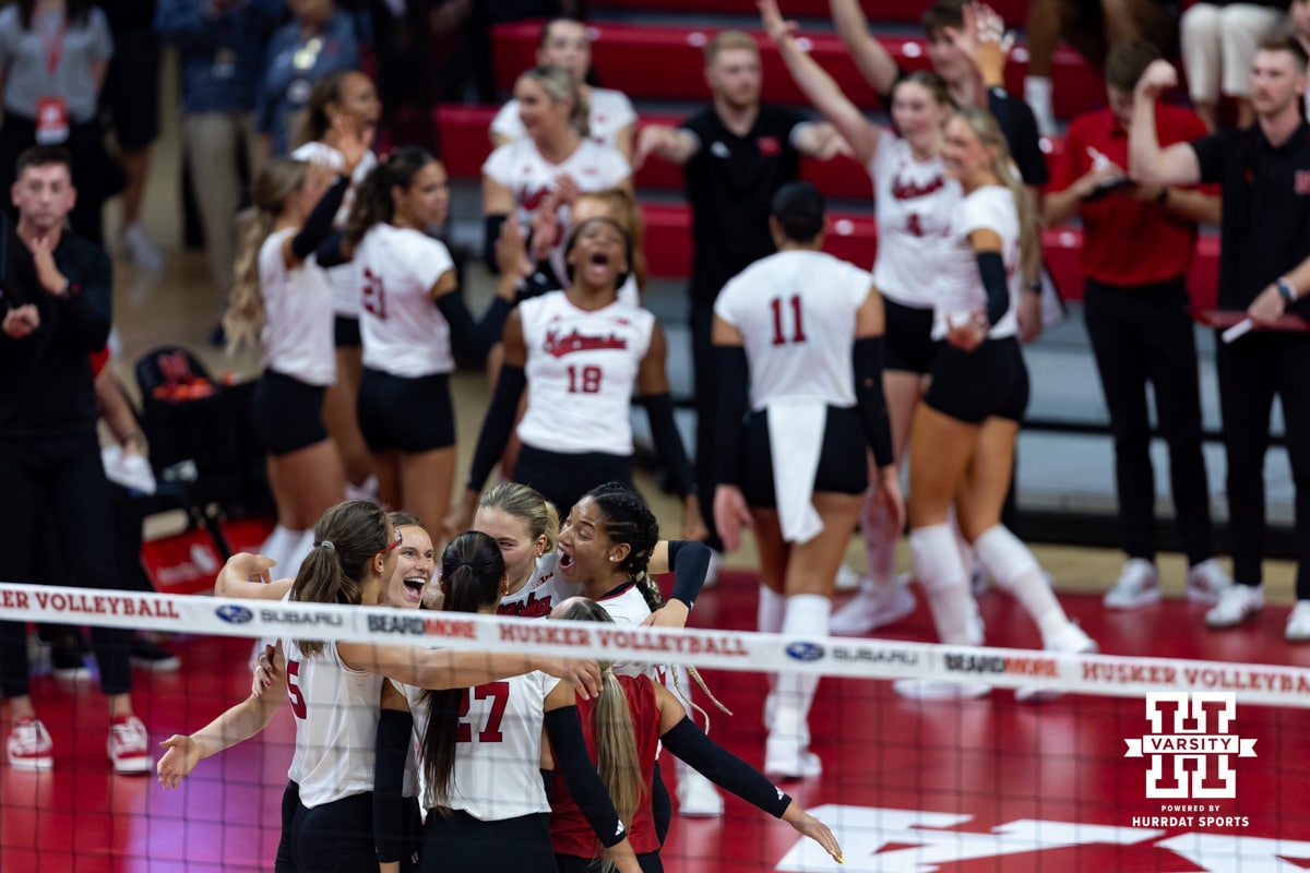 The Nebraska Cornhuskers celebrate a kill against the Utah Utes in the second set during a college volleyball match on Friday, September 12, 2025, in Lincoln, NE. Photo by John S. Peterson.