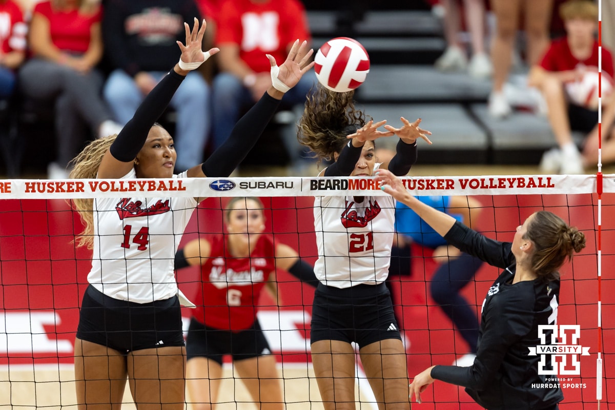 Nebraska Cornhuskers Manaia Ogbechie (14) and Skyler Pierce (21) block the ball against Wright State during a college volleyball match on Friday, September 5, 2025 in Lincoln, NE. Photo by John S. Peterson.