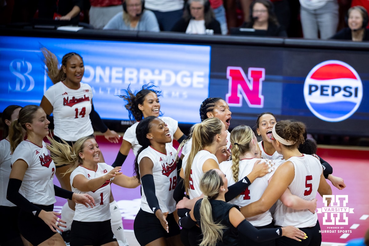 Nebraska Cornhuskers celebrates the sweep against the California Golden Bears during a college volleyball match on Sunday, September 7, 2025 in Lincoln, NE. Photo by John S. Peterson.