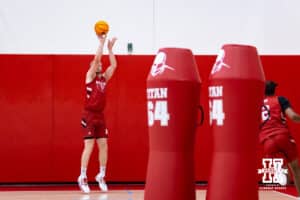 Nebraska Cornhusker Rienk Mast (51) shoots from the three-point line during basketball practice on Tuesday, September 23, 2025, in Lincoln, Nebraska. Photo by John S. Peterson.