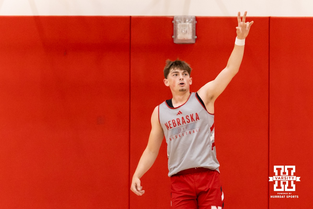 Nebraska Cornhusker Connor Essegian (0) celebrates a three-point shot during basketball practice on Tuesday, September 23, 2025, in Lincoln, Nebraska. Photo by John S. Peterson.