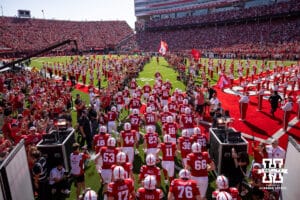 Nebraska Cornhusker quarterback Dylan Raiola (15) leads the Huskers out to take on the Michigan State Spartans during a college football game on Saturday, October 4, 2025, in Lincoln, Nebraska. Photo by John S. Peterson.