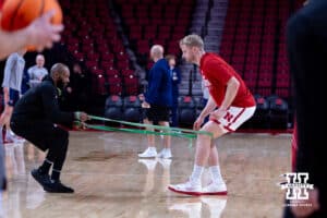Nebraska Cornhusker Rienk Mast (51) warms up before a college men’s basketball exhibition game against the Midland Vikings on Monday, October 27, 2025, in Lincoln, Nebraska. Photo by John S. Peterson.