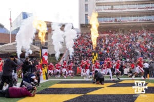 Maryland Terrapins runs out to take on the Nebraska Cornhuskers during a college football game on Saturday, October 11, 2025, in College Park, MD. Photo by John S. Peterson.