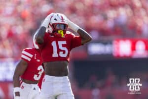 Nebraska Cornhusker linebacker Dasan McCullough (15) celebrates a tackle in the first quarter against the Michigan State Sportans during a college football game on Saturday, October 4, 2025, in Lincoln, Nebraska. Photo by John S. Peterson.