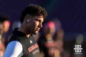 Nebraska Cornhusker quarterback Dylan Raiola (15) warming up to take on the Minnesota Golden Gophers during a college football game on Friday, October 17, 2025, in Minneapolis, Minnesota. Photo by John S. Peterson.