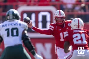 Nebraska Cornhusker quarterback Dylan Raiola (15) throws the ball for a pass against the Michigan State Spartans in the first quarter during a college football game on Saturday, October 4, 2025, in Lincoln, Nebraska. Photo by John S. Peterson.