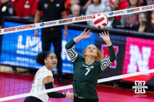 Michigan State Spartan setter and Lincoln Southwest graduate Malayah Long (7) sets the ball against the Nebraska Cornhuskers in the first set during a college volleyball match on Saturday, October 25, 2025, in Lincoln, Nebraska. Photo by John S. Peterson.