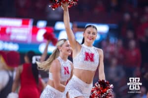 Nebraska Cornhusker dance team the Scarlets run off the floor after the pre-game preformance during a college men’s basketball exhibition game against the Midland Vikings on Monday, October 27, 2025, in Lincoln, Nebraska. Photo by John S. Peterson.