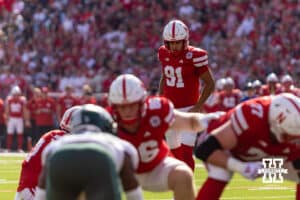 Nebraska Cornhusker kicker Kyle Cunanan (91) lines up to kick an extra point against the Michigan State Spartans in the first quarter during a college football game on Saturday, October 4, 2025, in Lincoln, Nebraska. Photo by John S. Peterson.