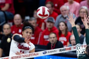 Nebraska Cornhusker outside hitter Teraya Sigler (11) spikes the ball against the Michigan State Spartans during a college volleyball match on Saturday, October 25, 2025, in Lincoln, Nebraska. Photo by John S. Peterson.