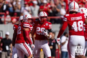 Nebraska Cornhusker tight end Carter Nelson (29) scores a touchdown from a blocked punt in the first quarter against the Michigan State Sportans during a college football game on Saturday, October 4, 2025, in Lincoln, Nebraska. Photo by John S. Peterson.