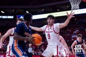 Nebraska Cornhusker Berke Büyüktuncel (9) guards against Midland Viking guard Butch Lordeus (5) in the first half during a college men’s basketball exhibition game on Monday, October 27, 2025, in Lincoln, Nebraska. Photo by John S. Peterson.