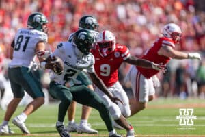 Nebraska Cornhusker linebacker Vincent Shavers Jr. (9) tackles Michigan State Spartan quarterback Aidan Chiles (2) in the first quarter during a college football game on Saturday, October 4, 2025, in Lincoln, Nebraska. Photo by John S. Peterson.