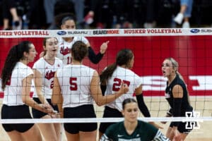 Nebraska Cornhusker libero Laney Choboy (6) celebrates Harper Murray's kill against the Michigan State Spartans in the first set during a college volleyball match on Saturday, October 25, 2025, in Lincoln, Nebraska. Photo by John S. Peterson.