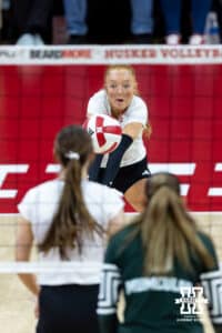 Nebraska Cornhusker defensive specialist Keri Leimbach (1) digs the ball agianst the Michigan State Spartans in the first set during a college volleyball match on Saturday, October 25, 2025, in Lincoln, Nebraska. Photo by John S. Peterson.