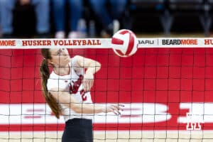 Nebraska Cornhusker setter Bergen Reilly (2) dumps the ball against the Michigan State Spartans in the first set during a college volleyball match on Saturday, October 25, 2025, in Lincoln, Nebraska. Photo by John S. Peterson.