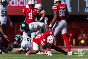 Nebraska Cornhusker defensive lineman Elijah Jeudy (16) does a Spider-Man celebration after a tackle in the second quarter during a college football game on Saturday, October 4, 2025, in Lincoln, Nebraska. Photo by John S. Peterson.