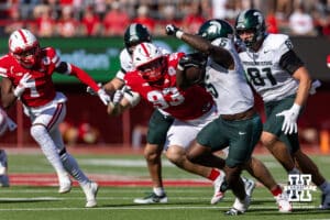Nebraska Cornhusker defensive lineman Kade Pietrzak (93) chases Michigan State Spartan running back Makhi Frazier (5) in the second quarter during a college football game on Saturday, October 4, 2025, in Lincoln, Nebraska. Photo by John S. Peterson.