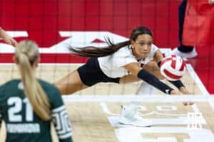 Nebraska Cornhusker outside hitter Harper Murray (27) makes a pass against the Michigan State Spartans in the first set during a college volleyball match on Saturday, October 25, 2025, in Lincoln, Nebraska. Photo by John S. Peterson.