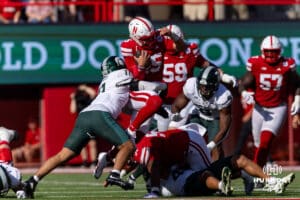 Nebraska Cornhusker quarterback Dylan Raiola (15) runs with the ball against the Michigan State Sportans in the second quarter during a college football game on Saturday, October 4, 2025, in Lincoln, Nebraska. Photo by John S. Peterson.