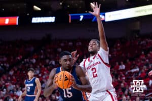 Midland Viking forward Jeff Rozelle III (15) drives to the basket against Nebraska Cornhusker Kendall Blue (2) in the first half during a college men’s basketball exhibition game on Monday, October 27, 2025, in Lincoln, Nebraska. Photo by John S. Peterson.