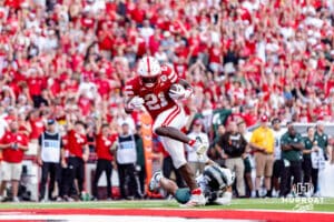 Nebraska Cornhusker running back Emmett Johnson (21) scores a touchdown in the fourth quarter against the Michigan State Spartans during a college football game on Saturday, October 4, 2025, in Lincoln, Nebraska. Photo by John S. Peterson.