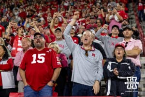 Nebraska Cornhusker fan cheering on the Huskers against the Maryland Terrapins during a college football game on Saturday, October 11, 2025, in College Park, MD. Photo by John S. Peterson.
