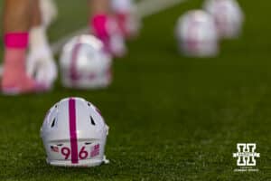 Nebraska Cornhuskers helmet adorned with a pink strip, numbers, and N for cancer awareness during a college football game against the Minnesota Golden Gophers on Friday, October 17, 2025, in Minneapolis, Minnesota. Photo by John S. Peterson.