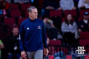 Midland Viking head coach Tyler Erwin watches the action on the court against the Nebraska Cornhuskers during a college men’s basketball exhibition game on Monday, October 27, 2025, in Lincoln, Nebraska. Photo by John S. Peterson.